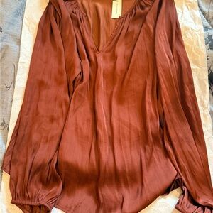 Banana Republic Rust V-Neck Satin Long-Sleeve Blouse